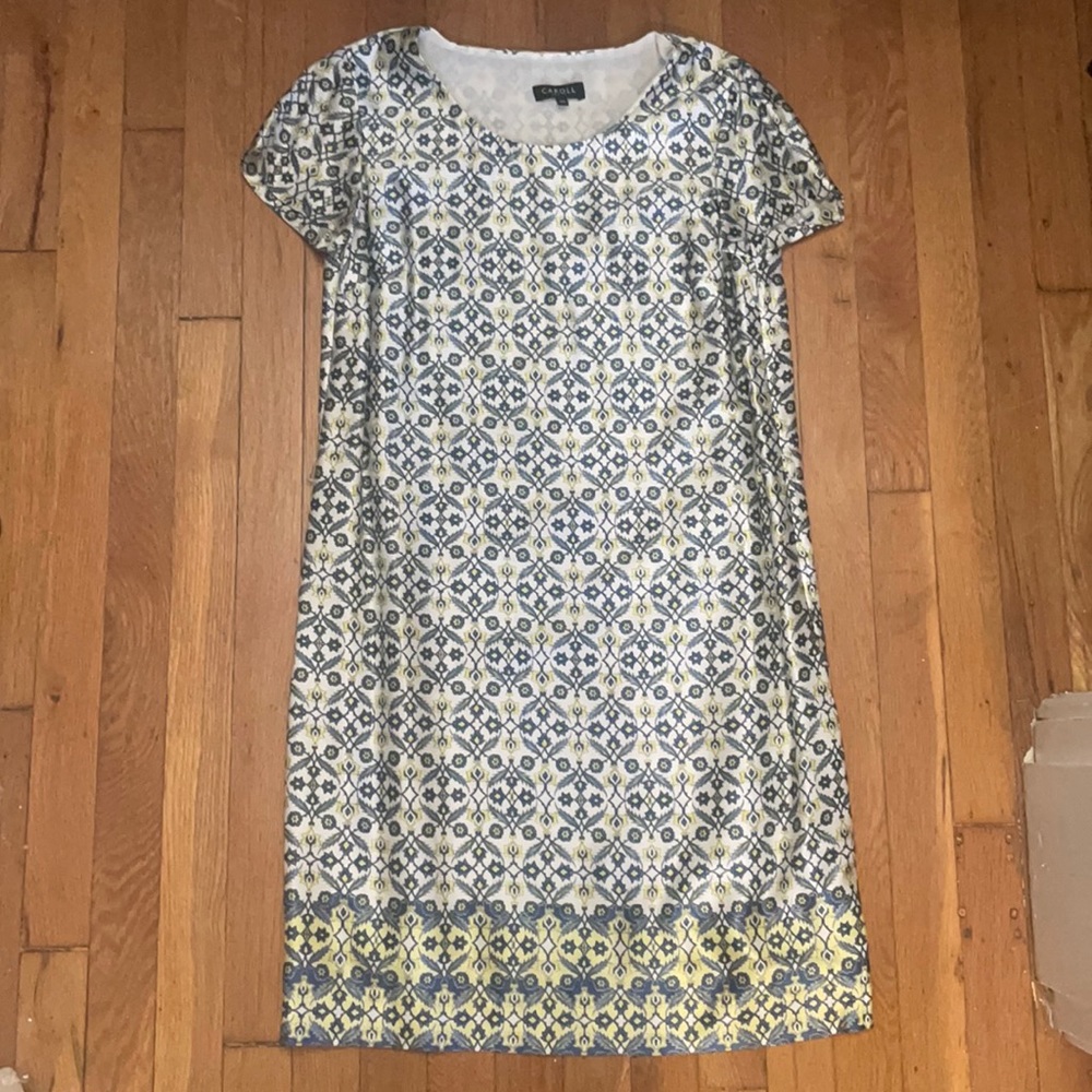 Patterned Shift Dress in blue and yellow